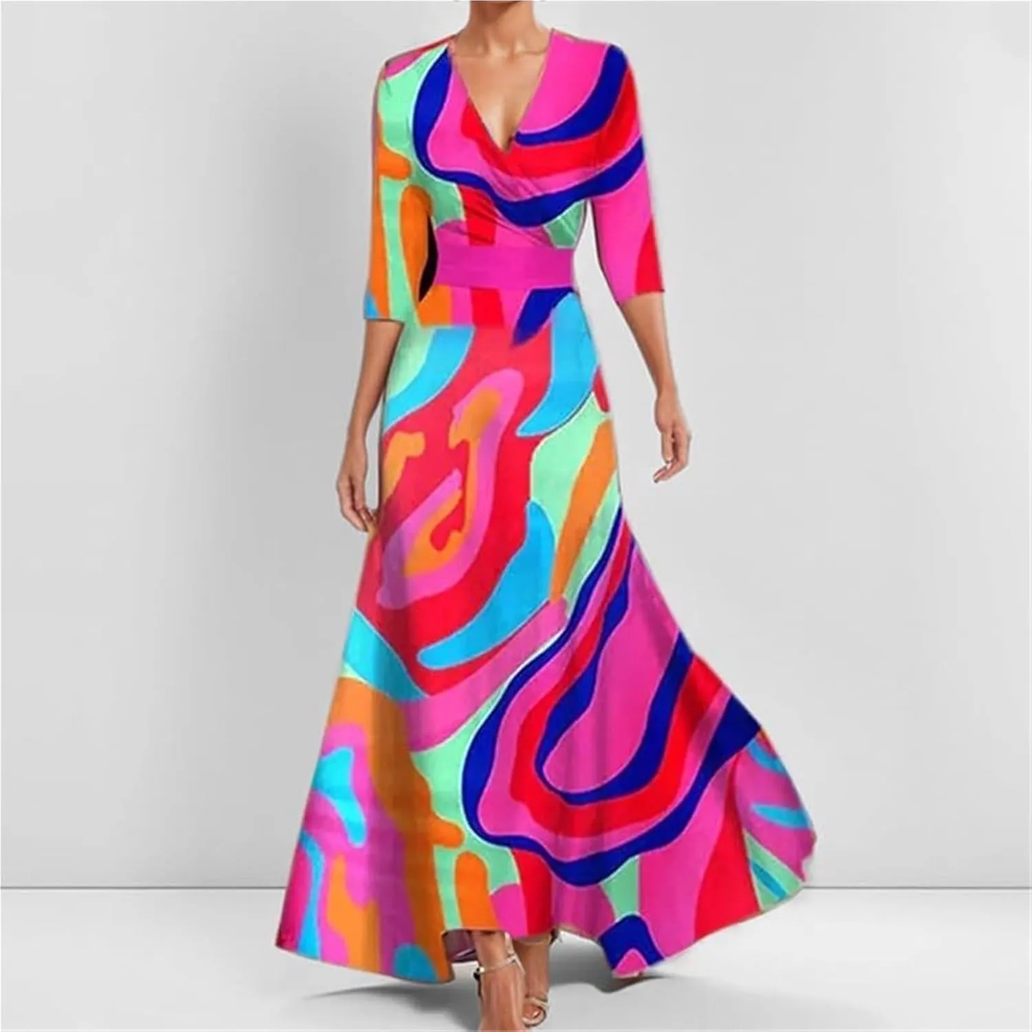 2025 Women's Summer Floral Printed Maxi Elegant V Neck Belted Wedding Prom Cocktail Beach Dresses