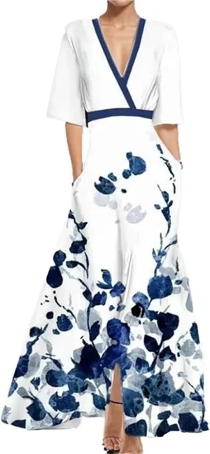 2025 Women's Summer Floral Printed Maxi Elegant V Neck Belted Wedding Prom Cocktail Beach Dresses