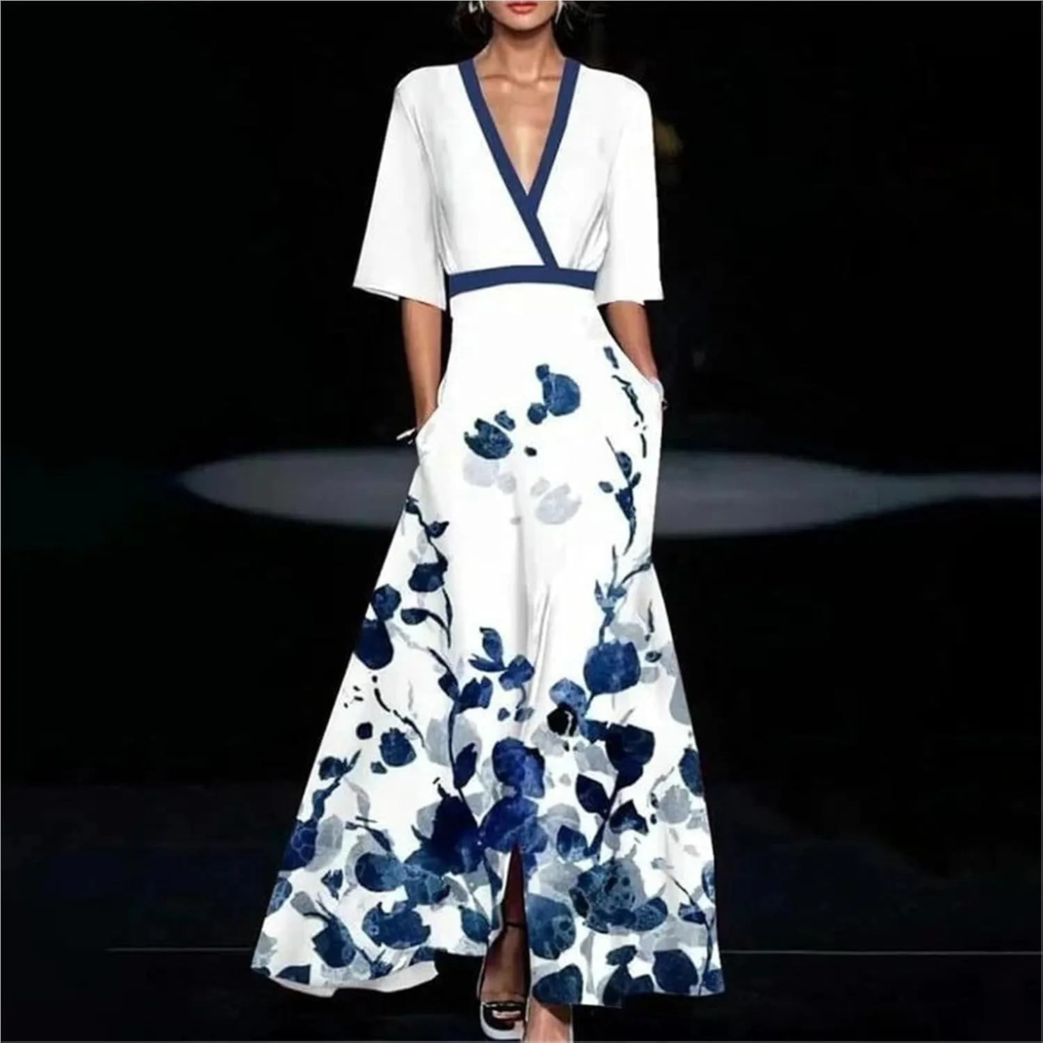 2025 Women's Summer Floral Printed Maxi Elegant V Neck Belted Wedding Prom Cocktail Beach Dresses
