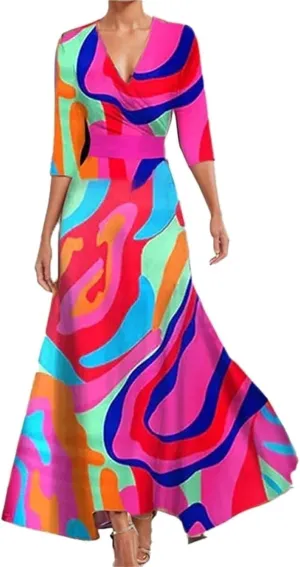 2025 Women's Summer Floral Printed Maxi Elegant V Neck Belted Wedding Prom Cocktail Beach Dresses
