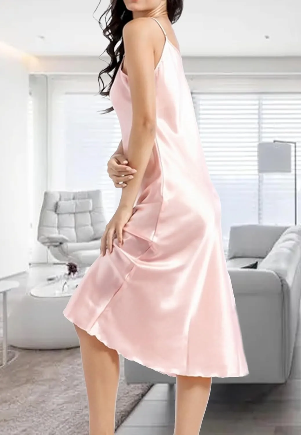 ALCEA ROSEA Women's V Neck Long Satin Slip Dress Adjustable Spaghetti Strap Midi Dress Silky Gown Nightdress Sleepwear AR3830