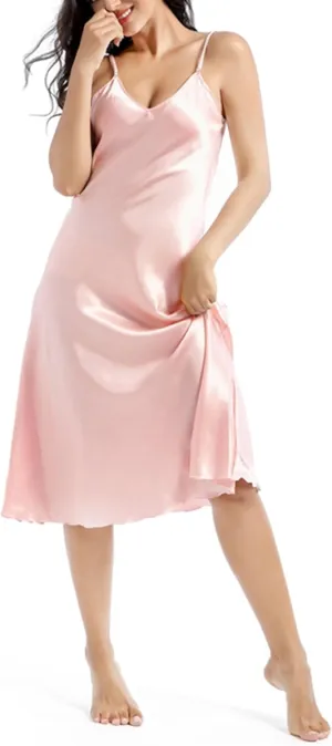 ALCEA ROSEA Women's V Neck Long Satin Slip Dress Adjustable Spaghetti Strap Midi Dress Silky Gown Nightdress Sleepwear AR3830