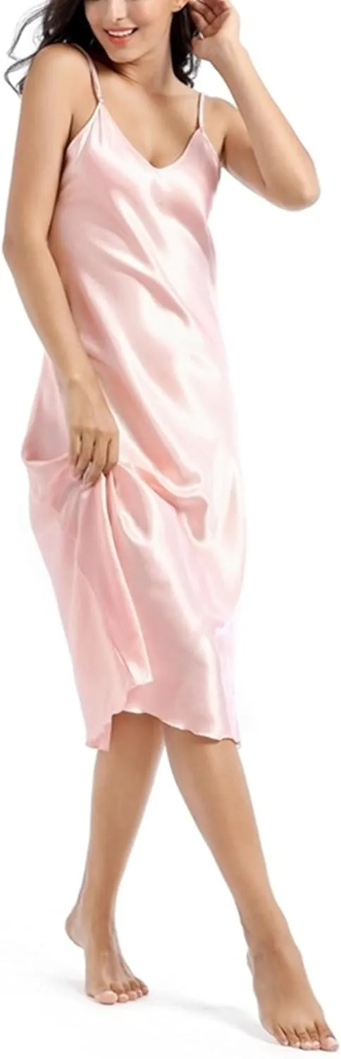 ALCEA ROSEA Women's V Neck Long Satin Slip Dress Adjustable Spaghetti Strap Midi Dress Silky Gown Nightdress Sleepwear AR3830