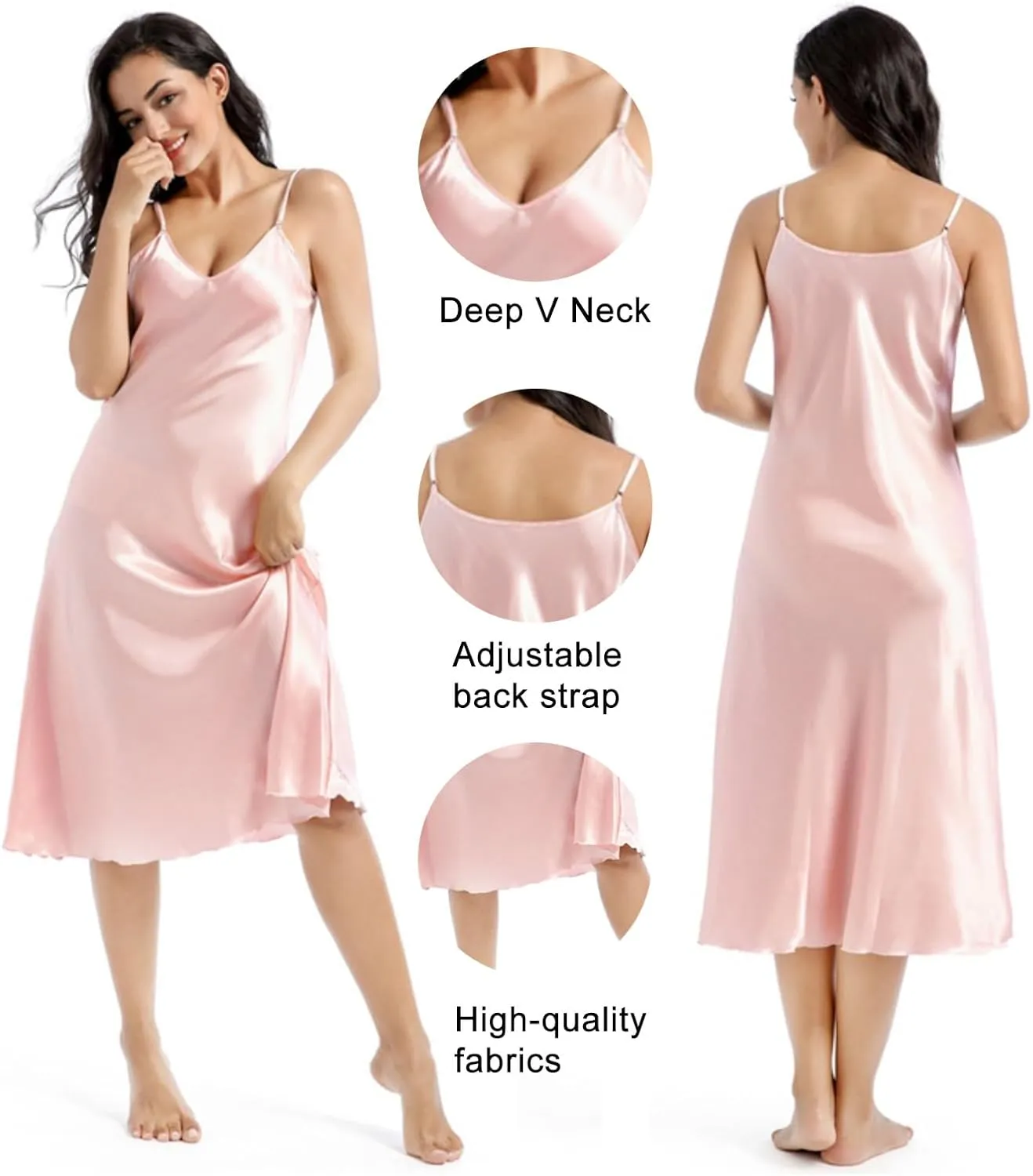 ALCEA ROSEA Women's V Neck Long Satin Slip Dress Adjustable Spaghetti Strap Midi Dress Silky Gown Nightdress Sleepwear AR3830