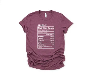 Aries Shirt, Aries Nutrition Facts, Aries Zodiac Shirt, Aries Birthday Gift, Aries Zodiac Sign, Astrology Gift, Horoscope Shirt