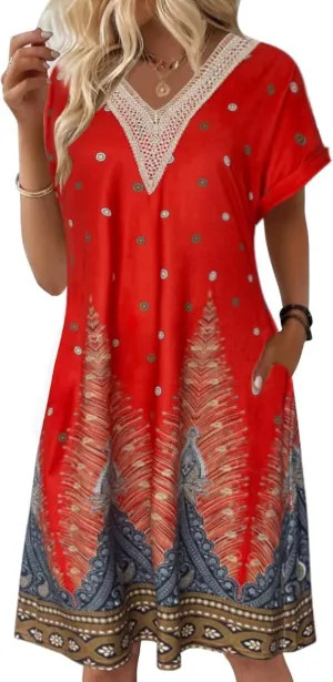 Bloggerlove Womens Cotton Nightgown House Dress with Pockets Moo Moo Nightgown Lace V Neck Mumu Short Sleeve Lounge Dress