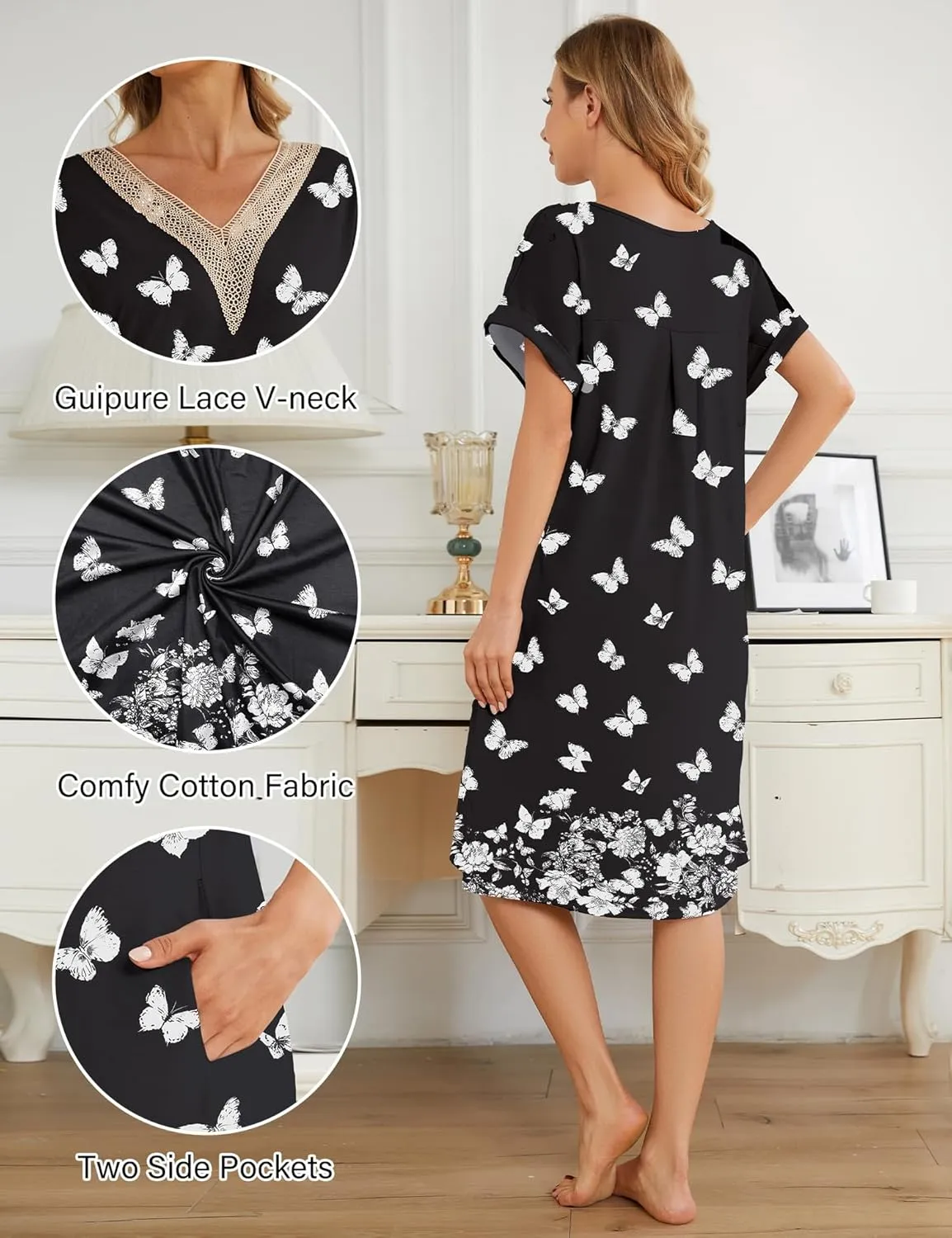 Bloggerlove Womens Cotton Nightgown House Dress with Pockets Moo Moo Nightgown Lace V Neck Mumu Short Sleeve Lounge Dress