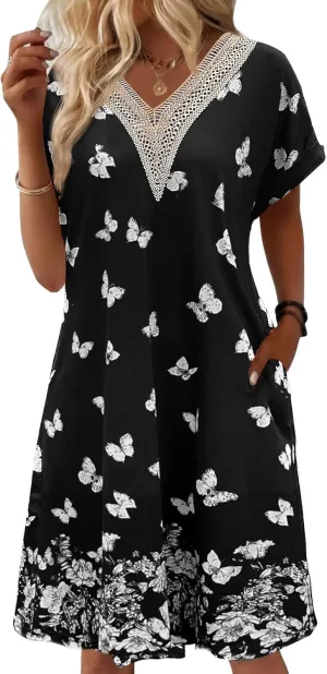 Bloggerlove Womens Cotton Nightgown House Dress with Pockets Moo Moo Nightgown Lace V Neck Mumu Short Sleeve Lounge Dress