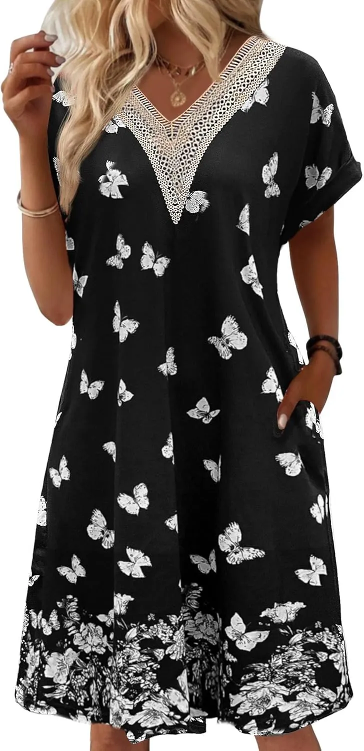 Bloggerlove Womens Cotton Nightgown House Dress with Pockets Moo Moo Nightgown Lace V Neck Mumu Short Sleeve Lounge Dress