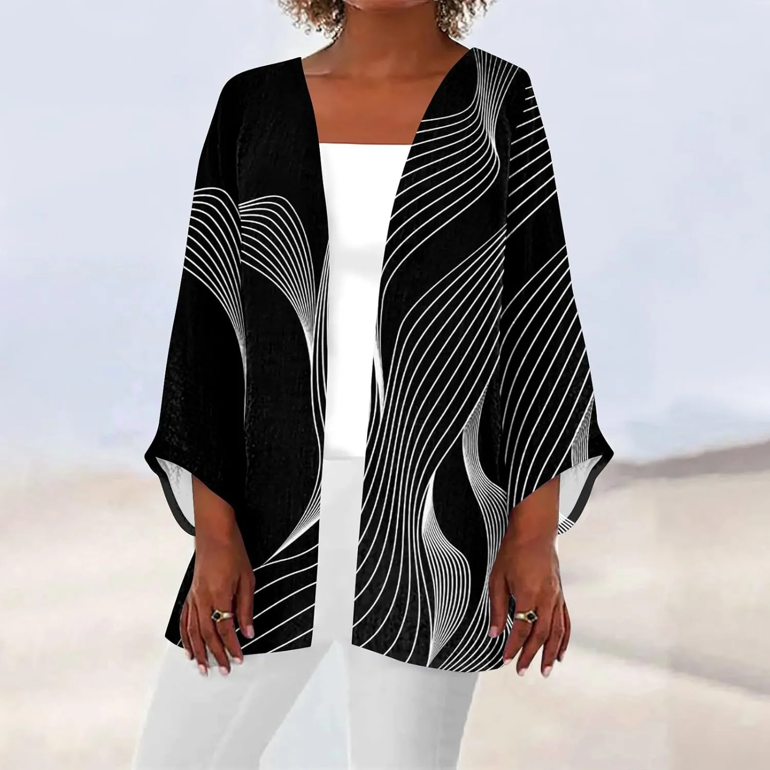 Cardigan Sweater for Womens Retro Print 3/4 Sleeve Blouse Tops Coat Casual Duster Cardigans Lightweight Jackets