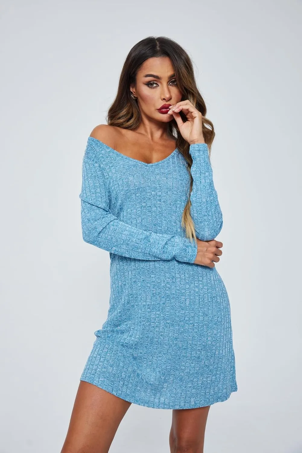 Ekouaer Womens Nightgown Long Sleeve Rib Knit Pajama Dress V Neck Soft Loungewear Sleepwear S-XXL