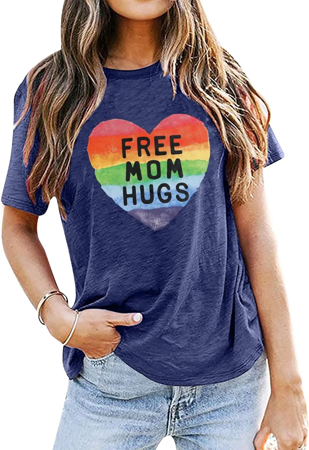 Gay Pride Shirt Women Free Mom Hugs T-Shirt Rainbow Heart Shirt LGBTQ Pride Shirt Rainbow Flag Tee Proud Ally Shirts