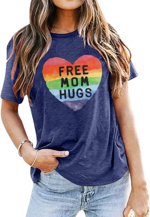 Gay Pride Shirt Women Free Mom Hugs T-Shirt Rainbow Heart Shirt LGBTQ Pride Shirt Rainbow Flag Tee Proud Ally Shirts