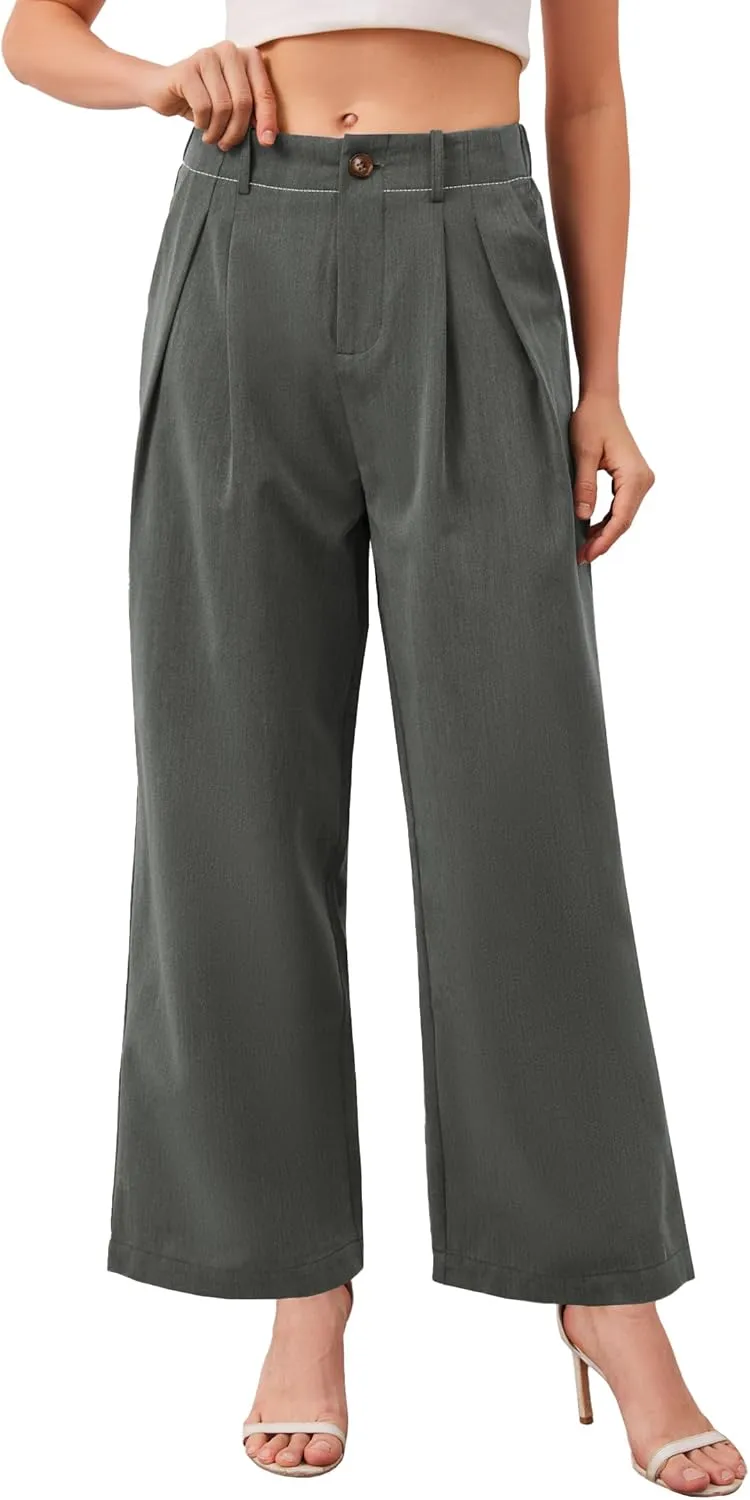 HVT Womens Work Pants High Waisted Straight Leg Pleated Pants Casual Loose Business Fluid Trousers with Pockets