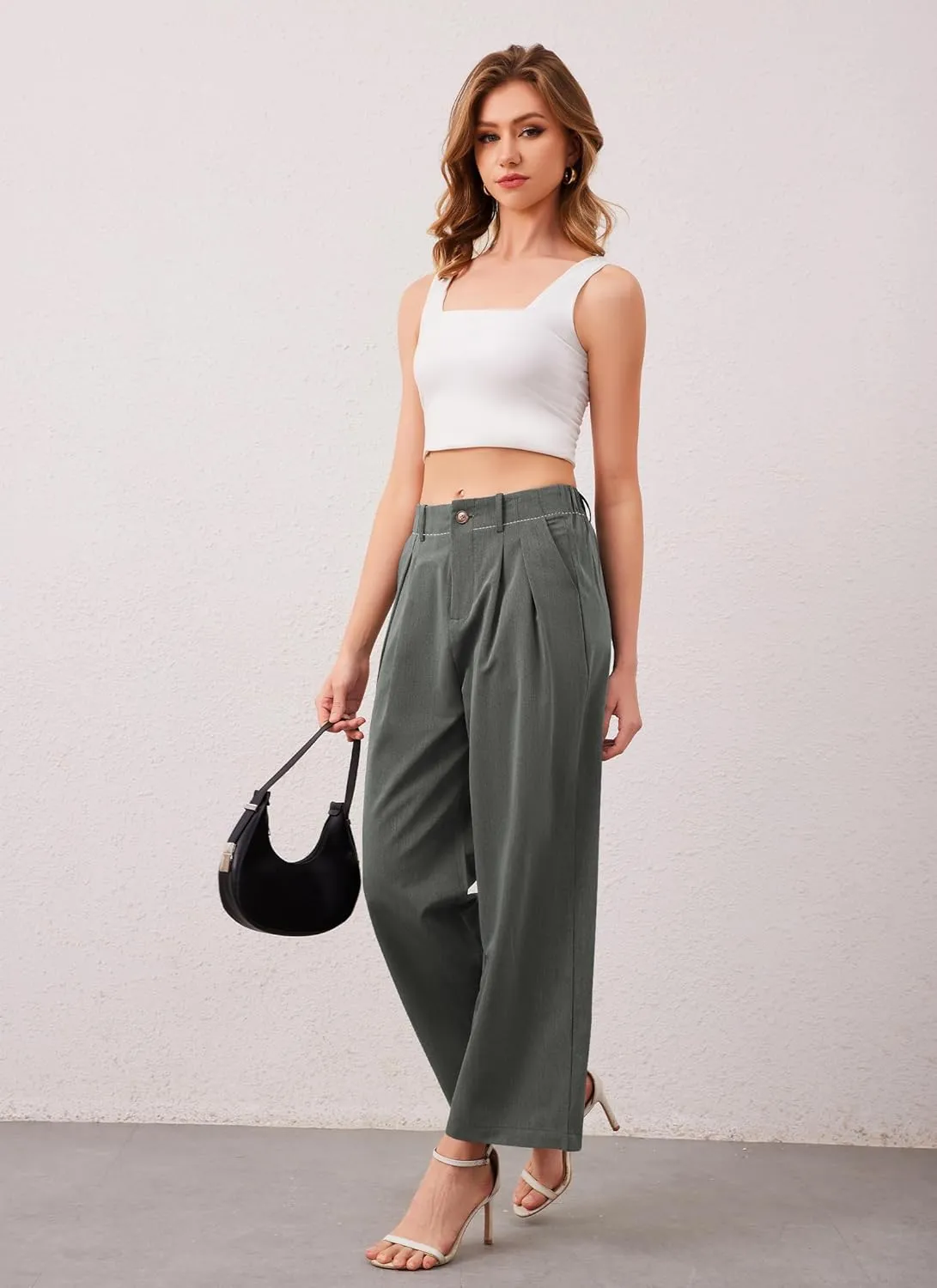 HVT Womens Work Pants High Waisted Straight Leg Pleated Pants Casual Loose Business Fluid Trousers with Pockets