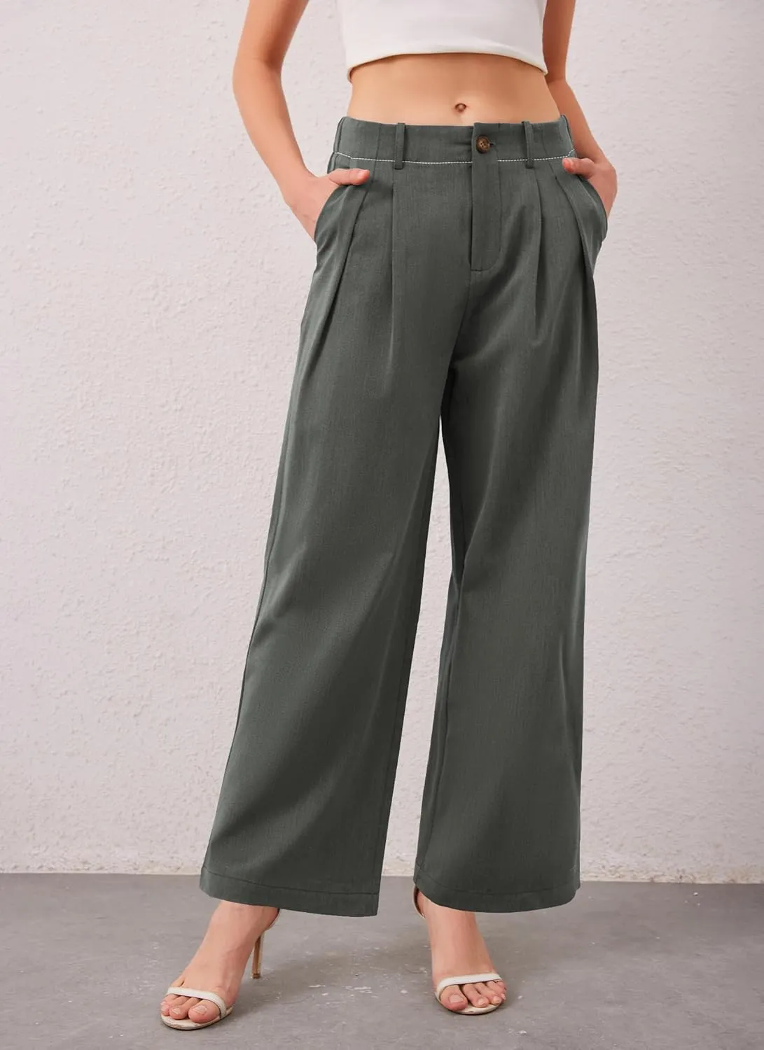 HVT Womens Work Pants High Waisted Straight Leg Pleated Pants Casual Loose Business Fluid Trousers with Pockets