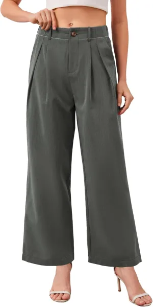 HVT Womens Work Pants High Waisted Straight Leg Pleated Pants Casual Loose Business Fluid Trousers with Pockets