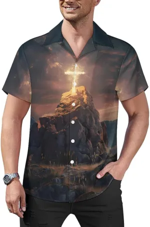 Jesus Crosss 3D Print Men's Hawaiian Shirt Cuban Collar Shirt Short Sleeve Button Down Tops Beach T Shirts