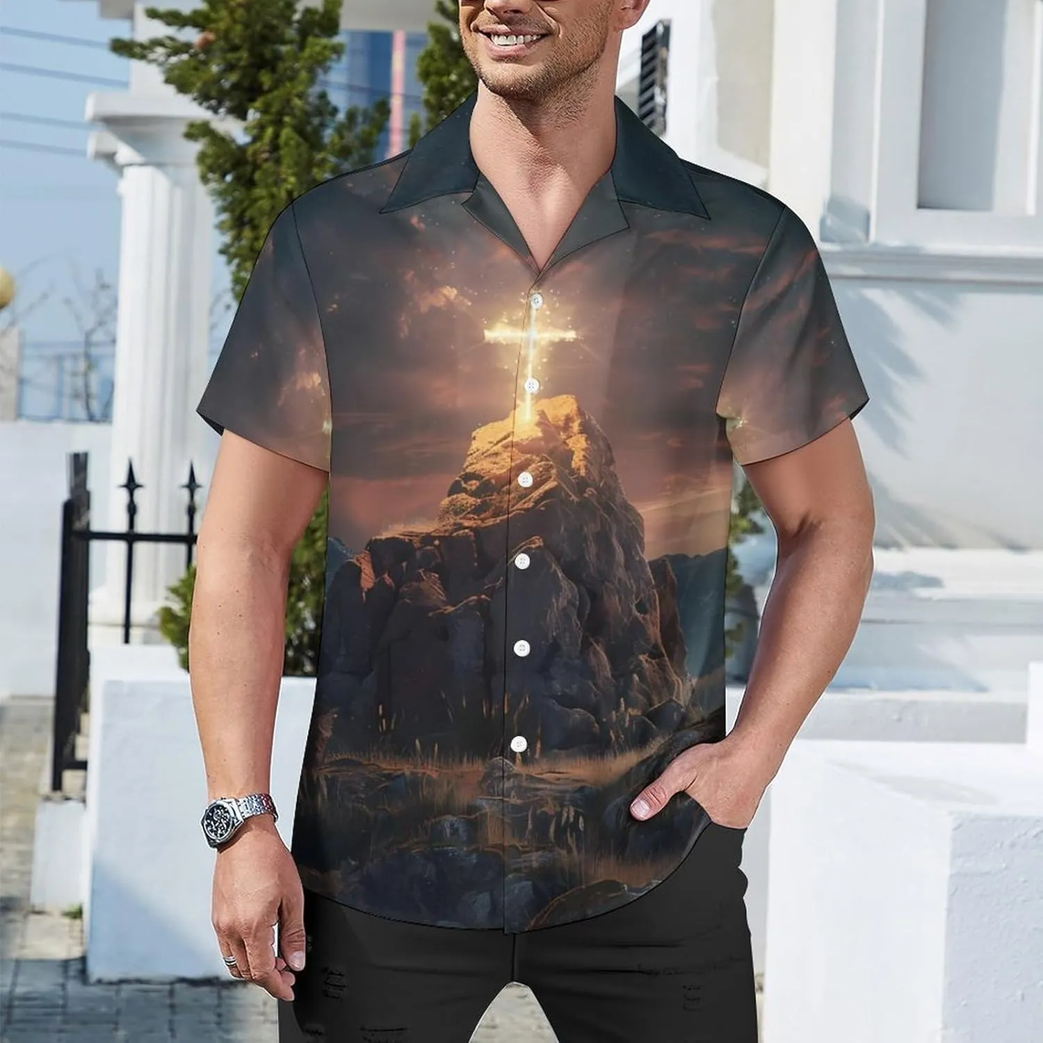 Jesus Crosss 3D Print Men's Hawaiian Shirt Cuban Collar Shirt Short Sleeve Button Down Tops Beach T Shirts