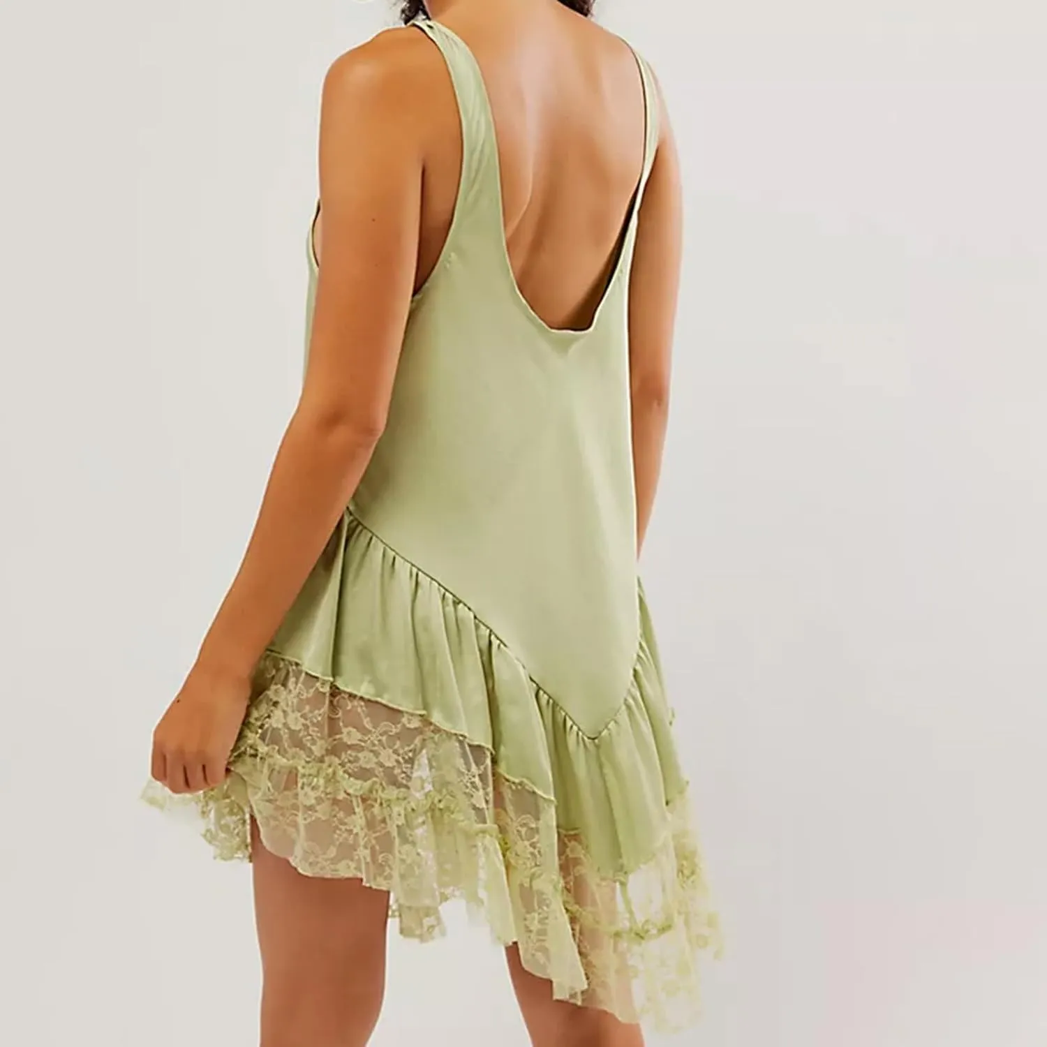 LILTWIST Women Lace Slip Dress Sexy Backless Sleevelss Mini Lace Trim Pajama Dress Y2k Flowy Satin Layering Full Slip Dresses