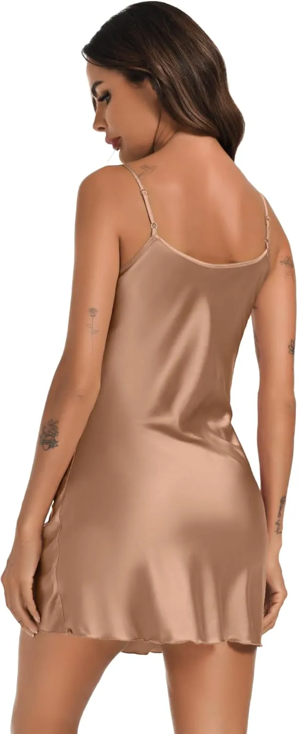 Litherday Women's Satin Nightgown Silk Slip Dress Sleepwear Sexy V Neck Negligee Lingerie Short Nightwear