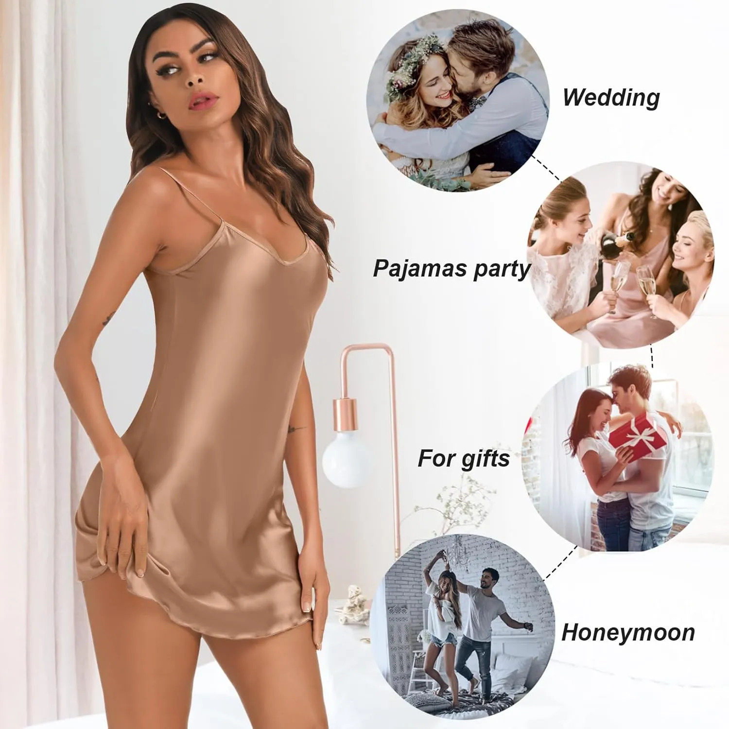 Litherday Women's Satin Nightgown Silk Slip Dress Sleepwear Sexy V Neck Negligee Lingerie Short Nightwear