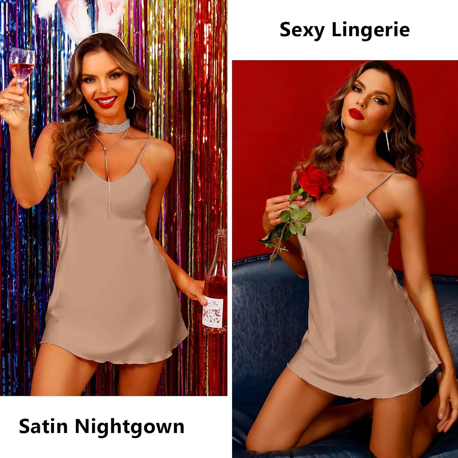 Litherday Women's Satin Nightgown Silk Slip Dress Sleepwear Sexy V Neck Negligee Lingerie Short Nightwear