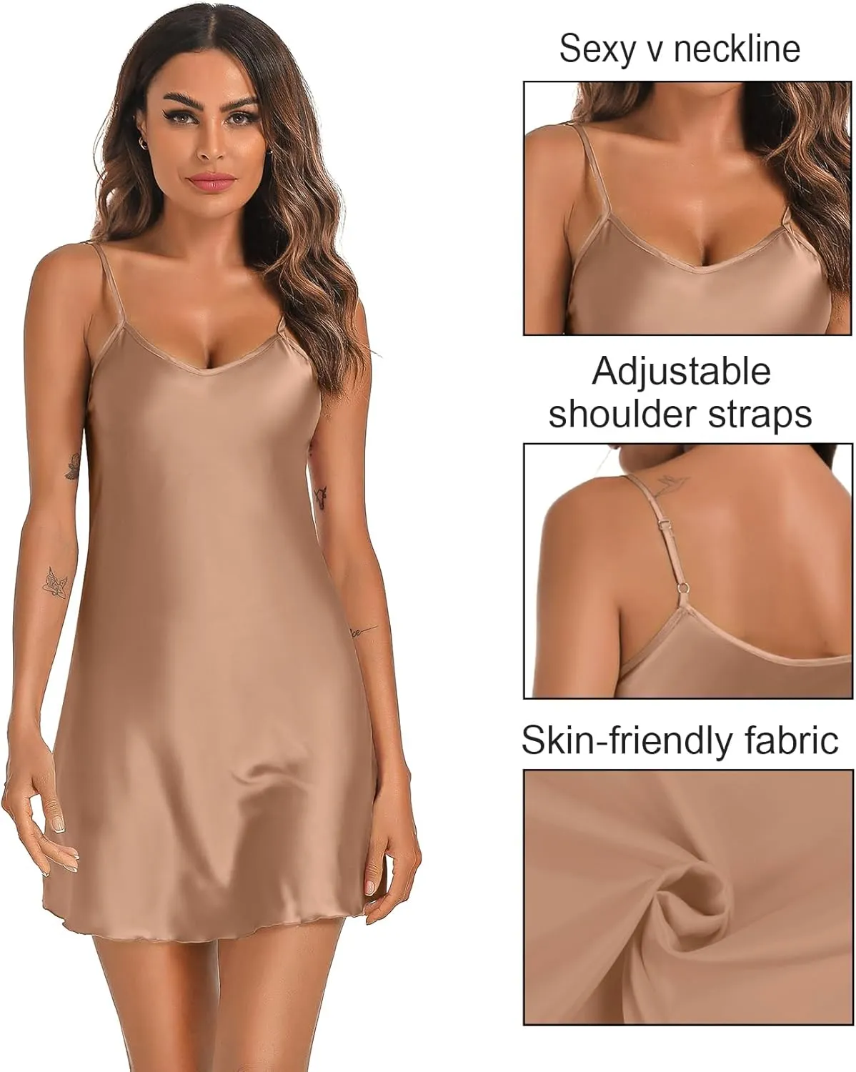 Litherday Women's Satin Nightgown Silk Slip Dress Sleepwear Sexy V Neck Negligee Lingerie Short Nightwear