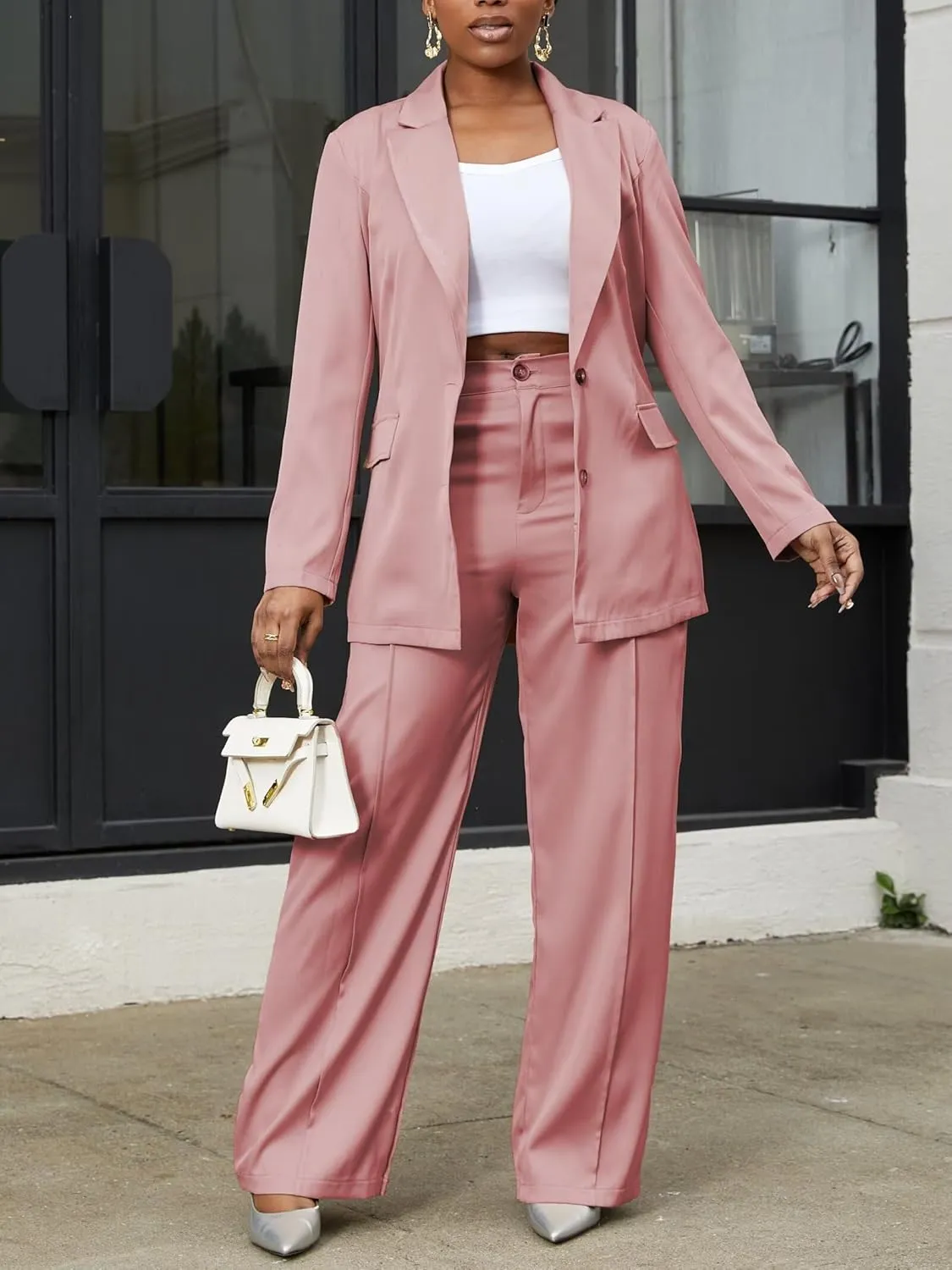 LROSEY Womens Pant Suit 2 Piece Outfits Dressy Button Blazers High Waisted Suit Pants Sets for Business Casual
