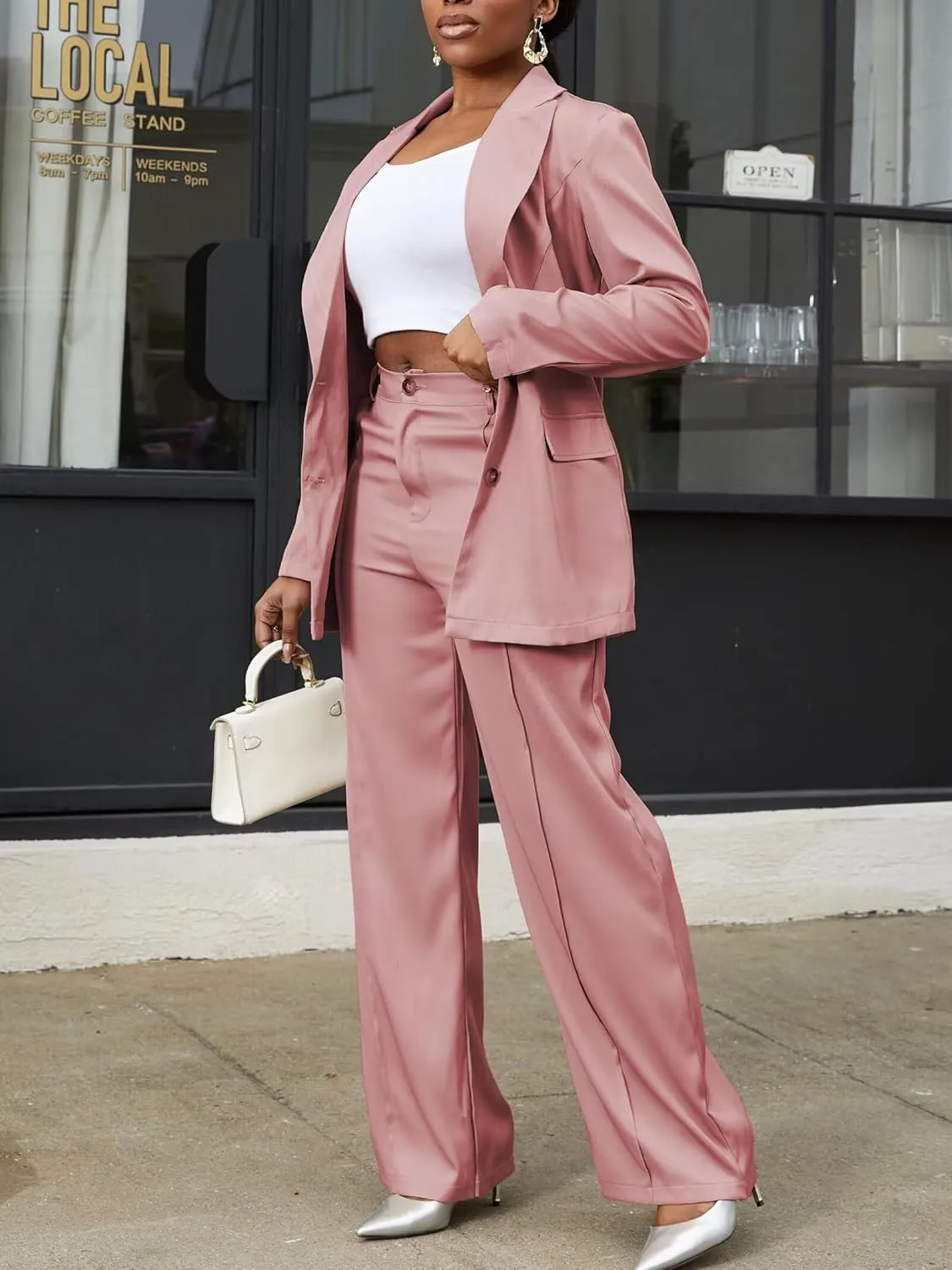 LROSEY Womens Pant Suit 2 Piece Outfits Dressy Button Blazers High Waisted Suit Pants Sets for Business Casual
