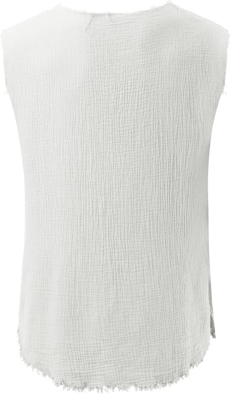 Men's Raw Edge Cotton Linen Tank Tops Short Sleeve Casual Vintage Summer Shirt Sleeveless V-Neck Beach Loose Vest