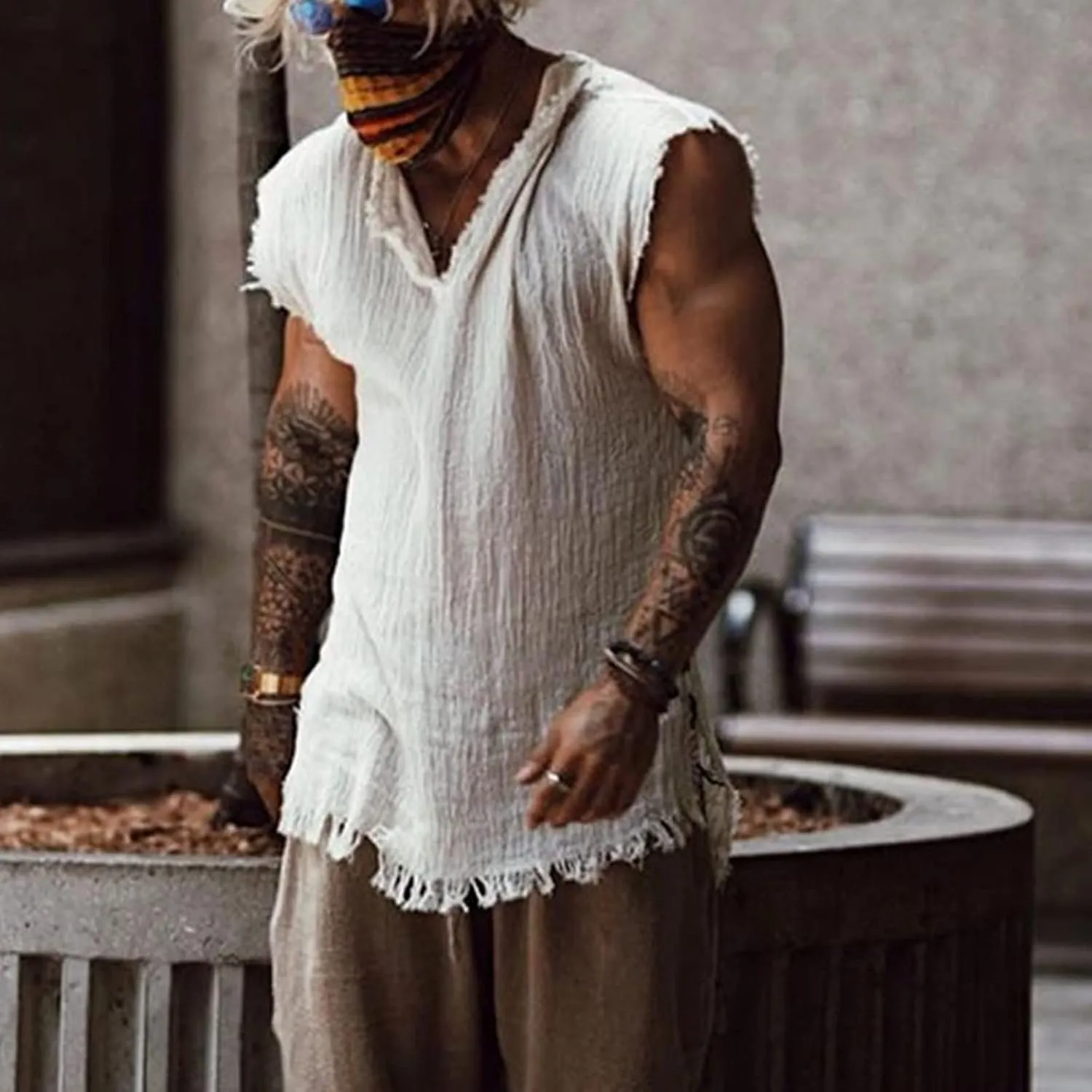 Men's Raw Edge Cotton Linen Tank Tops Short Sleeve Casual Vintage Summer Shirt Sleeveless V-Neck Beach Loose Vest