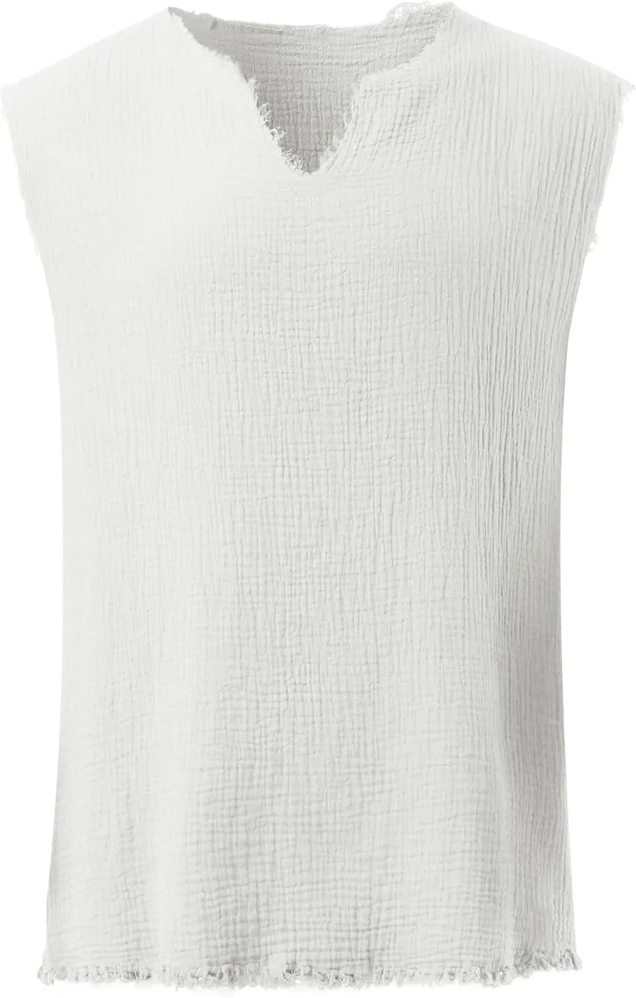 Men's Raw Edge Cotton Linen Tank Tops Short Sleeve Casual Vintage Summer Shirt Sleeveless V-Neck Beach Loose Vest