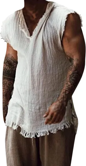 Men's Raw Edge Cotton Linen Tank Tops Short Sleeve Casual Vintage Summer Shirt Sleeveless V-Neck Beach Loose Vest