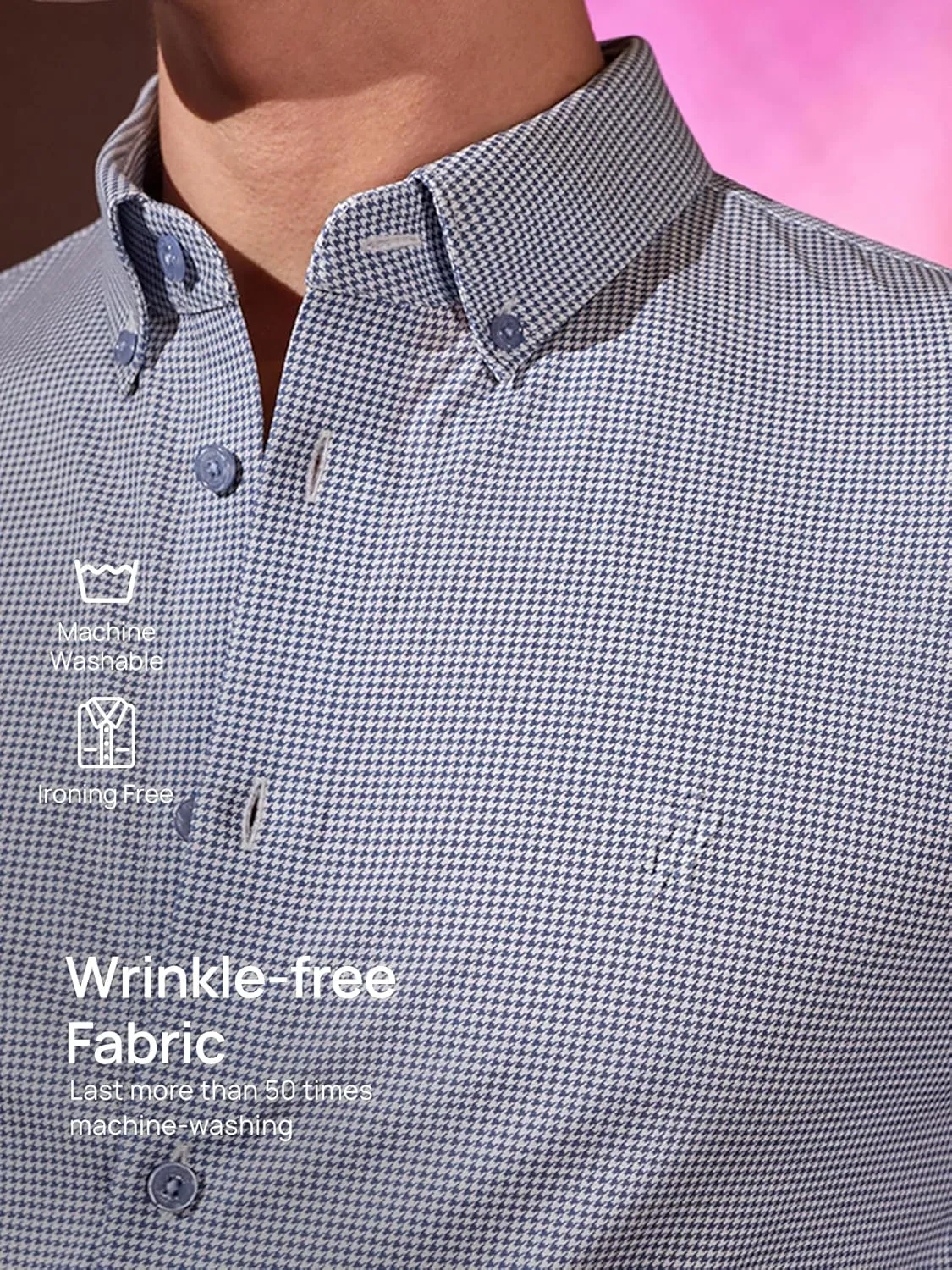 Mens Stretch Checkered Shirt- Wrinkle Free No Iron Slim Fit Breathable Dress Shirt for Office Travel