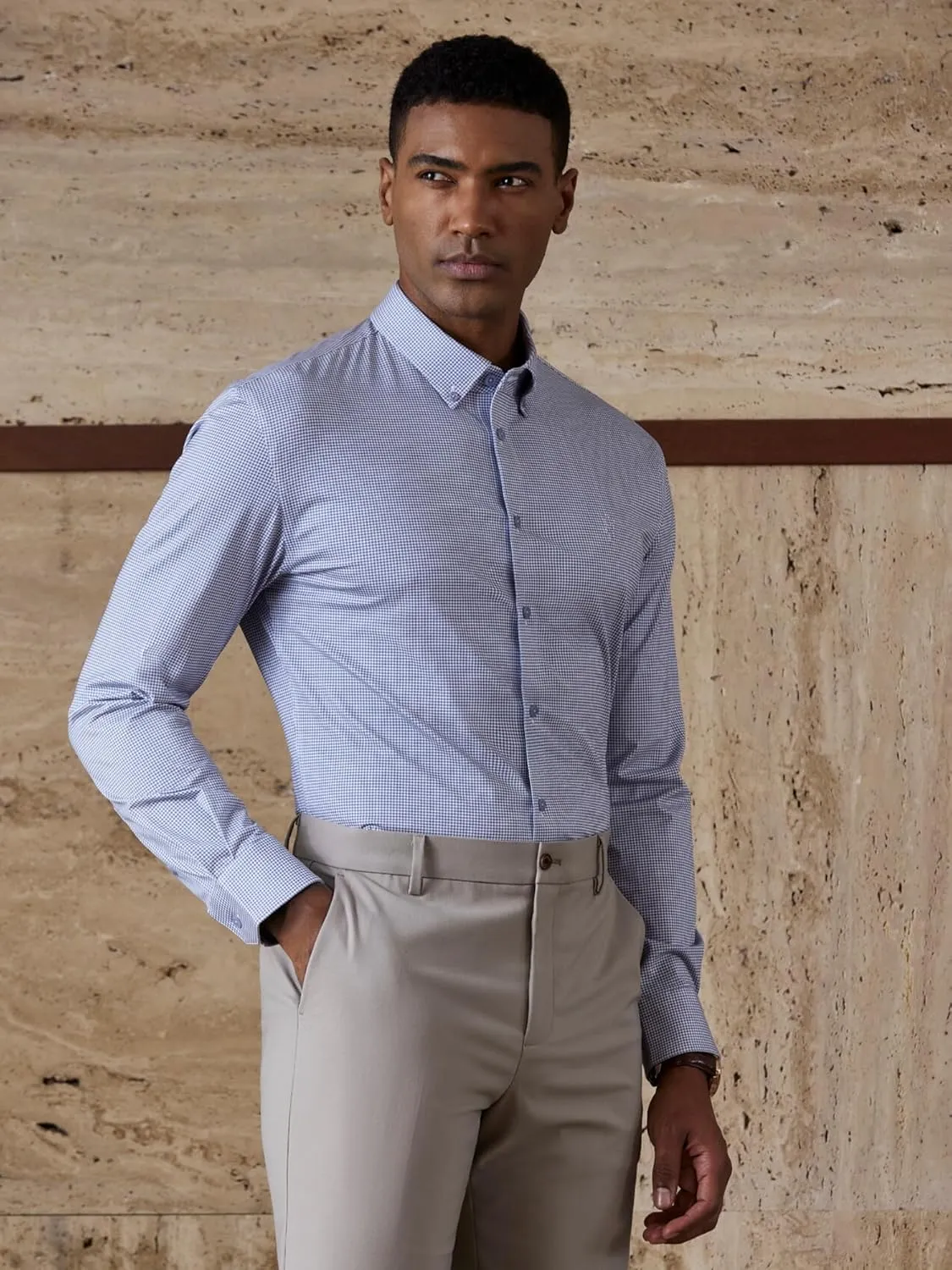 Mens Stretch Checkered Shirt- Wrinkle Free No Iron Slim Fit Breathable Dress Shirt for Office Travel