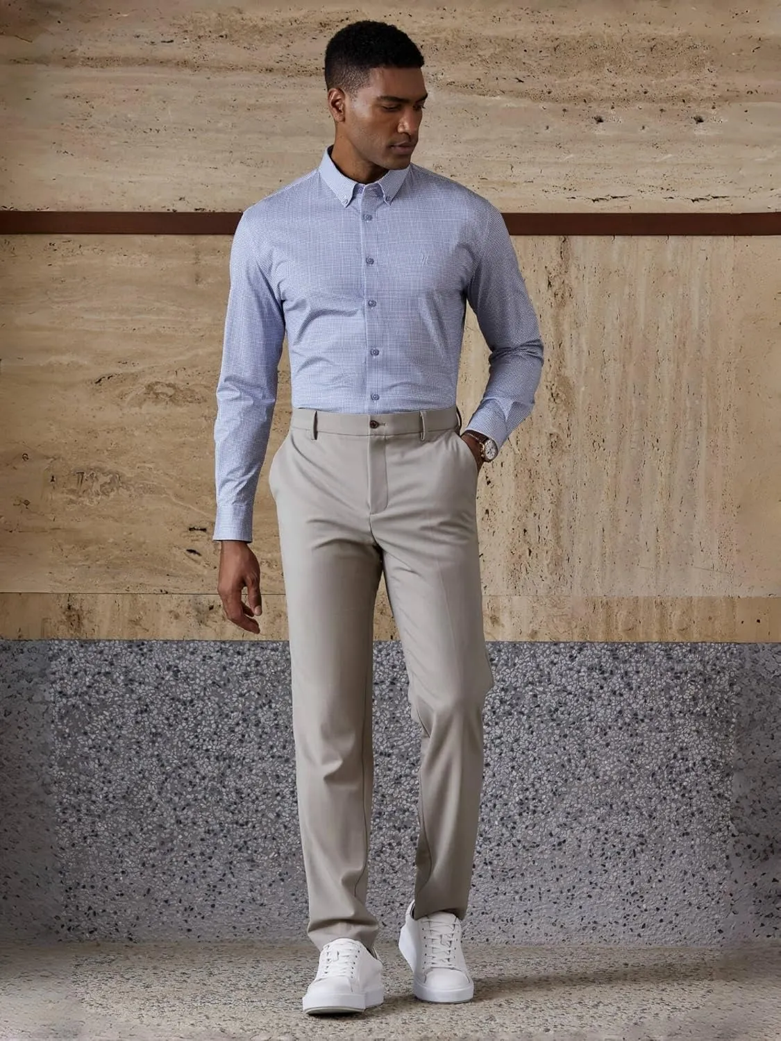 Mens Stretch Checkered Shirt- Wrinkle Free No Iron Slim Fit Breathable Dress Shirt for Office Travel