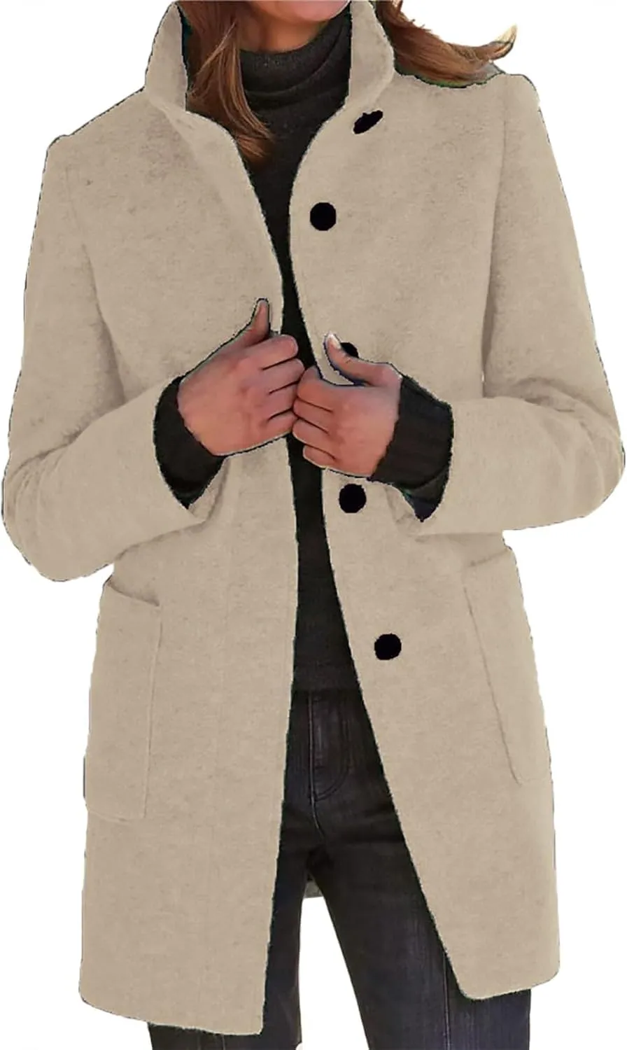 Mmoneyake Long Pea Coats for Women Fall Winter Wool Coats Casual Thicken Stand Collar Single Breasted Peacoat Blazer Jacket