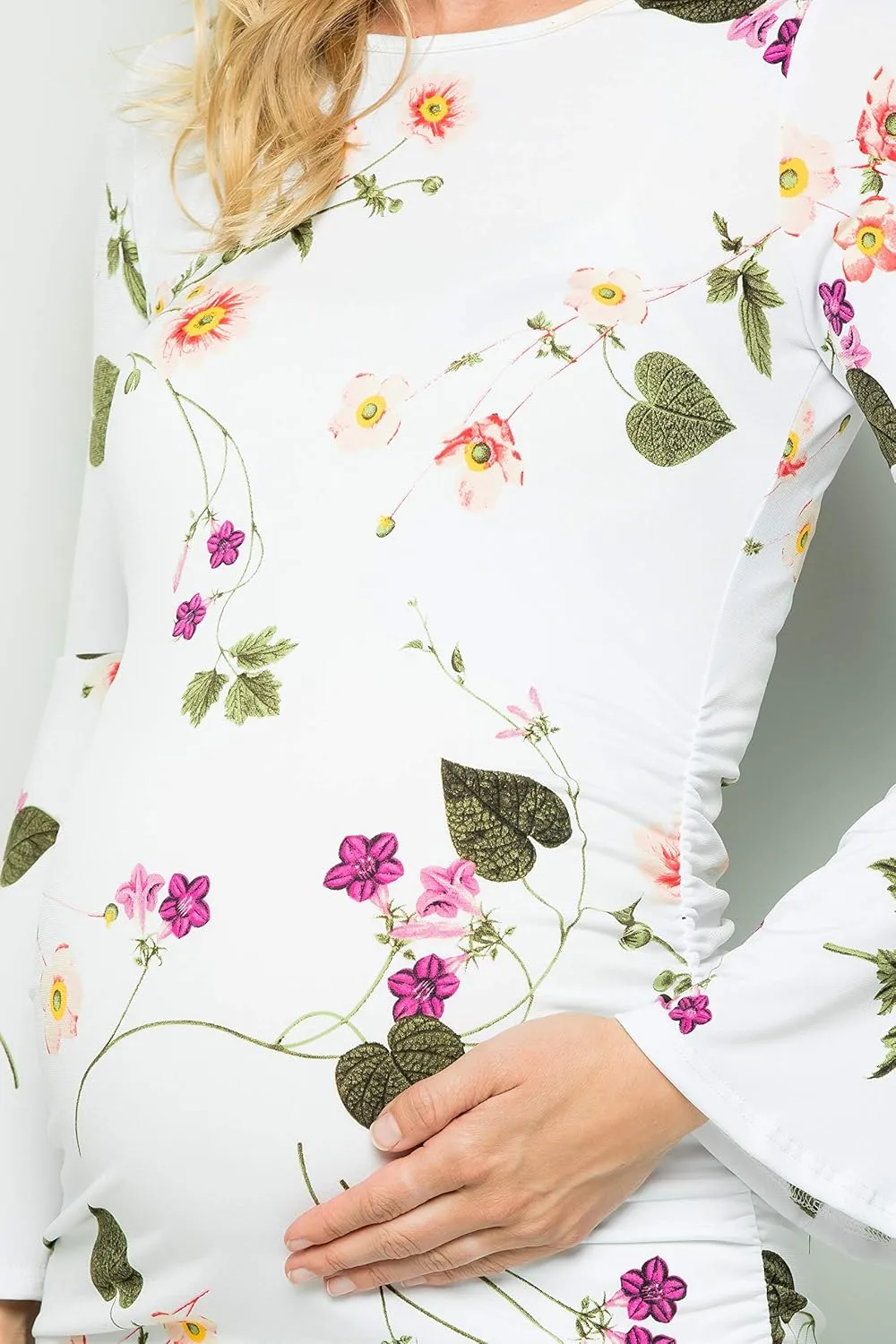 My Bump Women's Maternity Dress - Printed Fitted Stretch Bell Sleeve W/Ruched