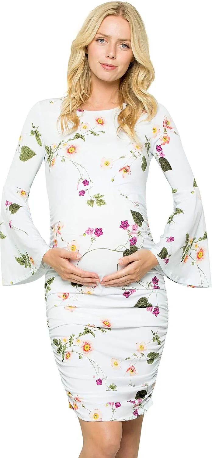 My Bump Women's Maternity Dress - Printed Fitted Stretch Bell Sleeve W/Ruched