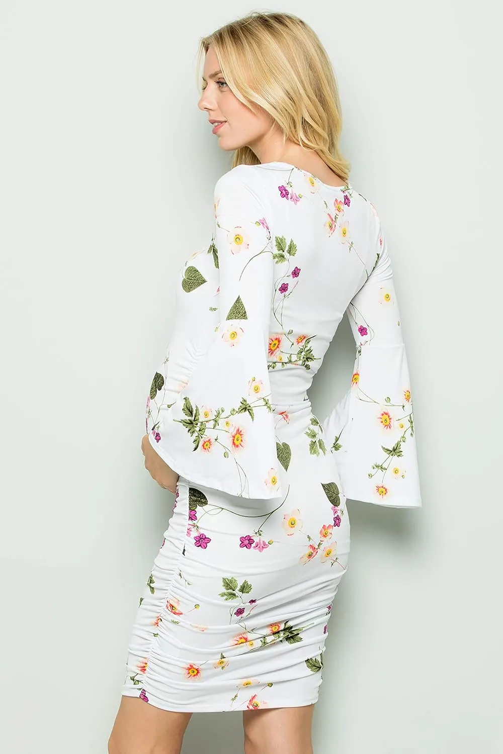 My Bump Women's Maternity Dress - Printed Fitted Stretch Bell Sleeve W/Ruched