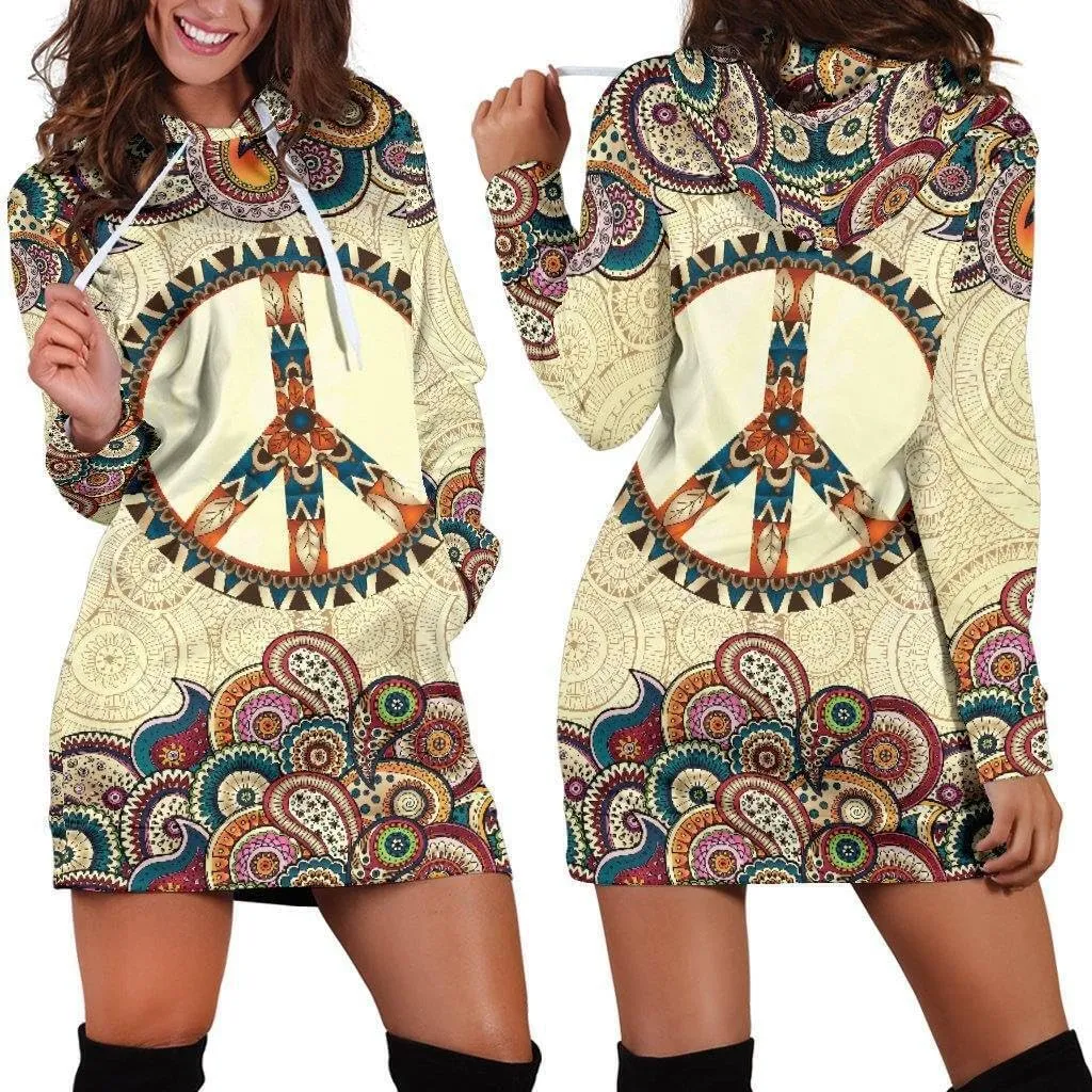 Peace and Mandala Hoodie Dress | Longline Hoodie Sweatshirt 2XL Brown