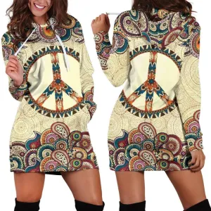 Peace and Mandala Hoodie Dress | Longline Hoodie Sweatshirt 2XL Brown