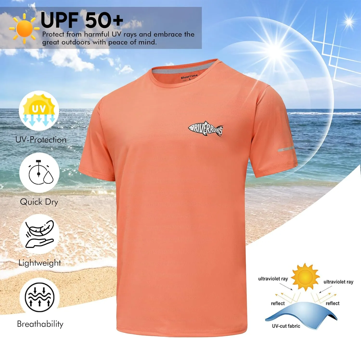 Riverruns UPF 50  UV Sun Protection Fishing Shirt Breathable Quick Dry Swim Shirt Rash Guard Water Beach T-Shirt for Men