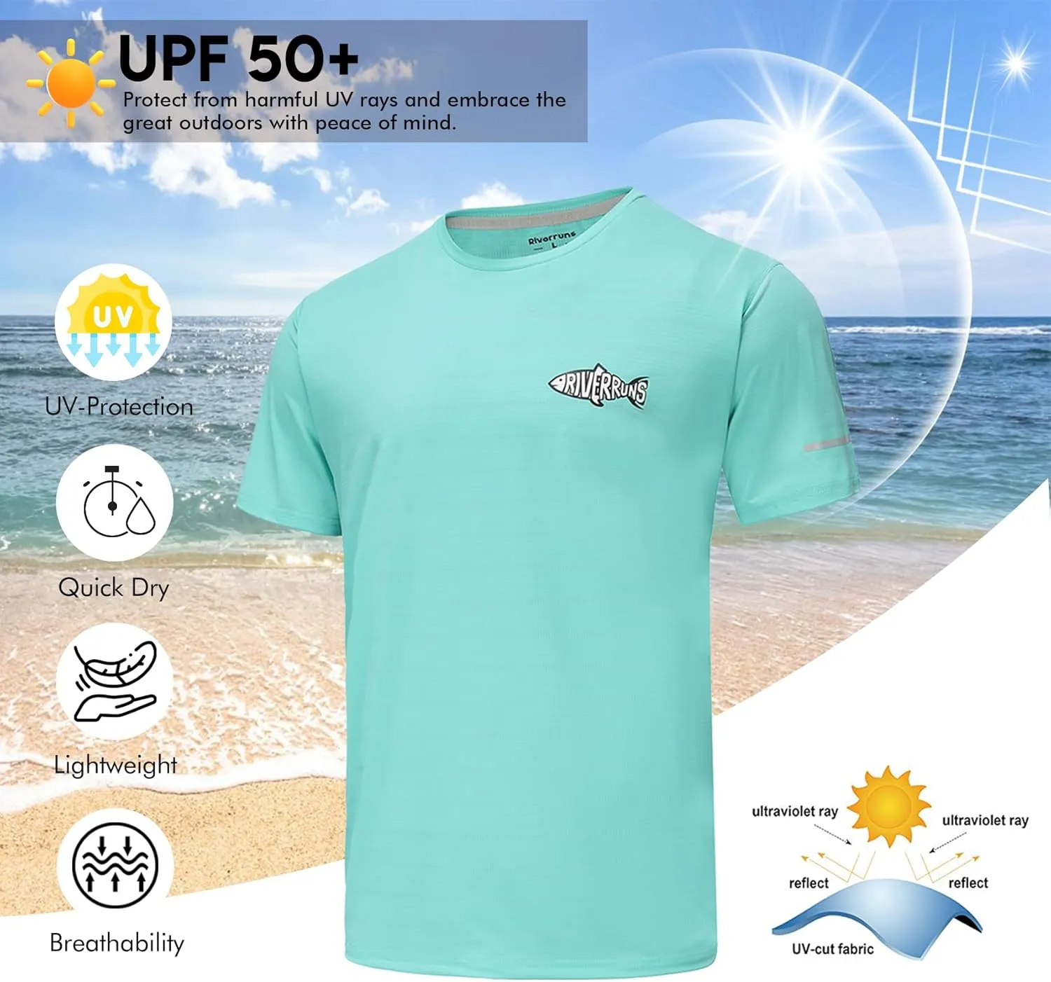 Riverruns UPF 50  UV Sun Protection Fishing Shirt Breathable Quick Dry Swim Shirt Rash Guard Water Beach T-Shirt for Men
