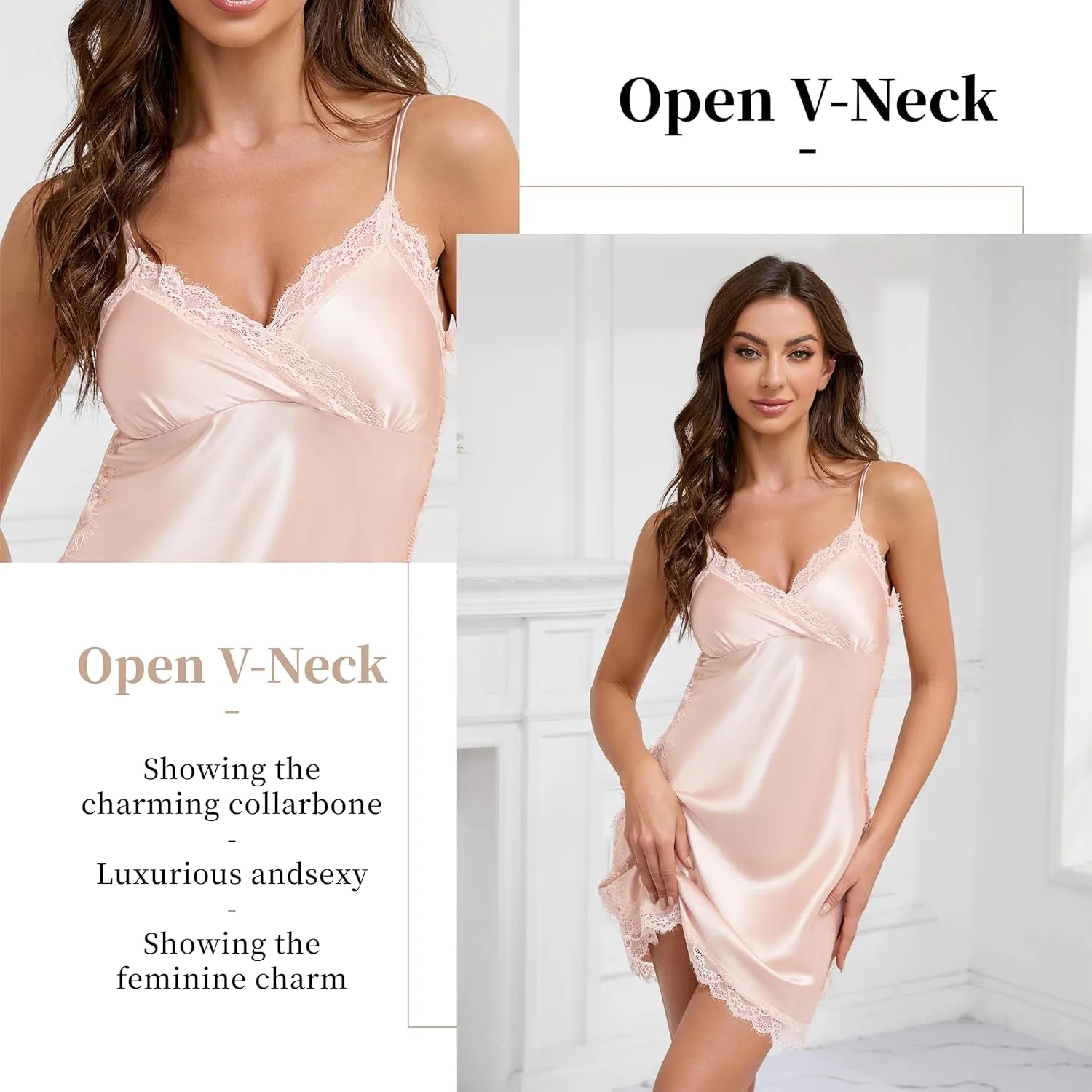 Sexy Satin Nightgown with Sheer Lace Side Panels - Stretchy Adjustable Sleepwear for Women, Lace Trim Loungewear