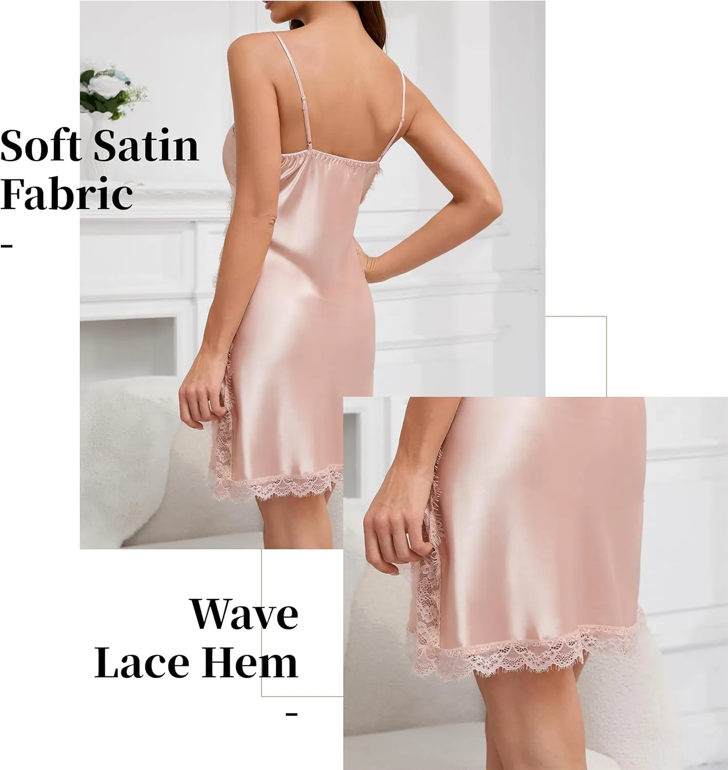 Sexy Satin Nightgown with Sheer Lace Side Panels - Stretchy Adjustable Sleepwear for Women, Lace Trim Loungewear
