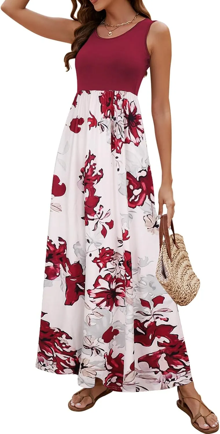 Sherosa Women Boho Chevron Striped Floral Printed Summer Sleeveless Tank Long Maxi Party Dress
