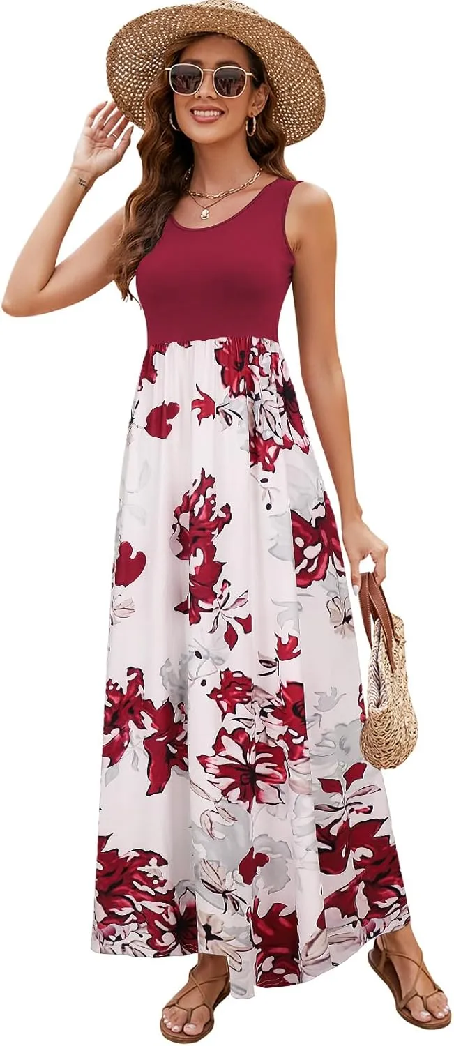 Sherosa Women Boho Chevron Striped Floral Printed Summer Sleeveless Tank Long Maxi Party Dress