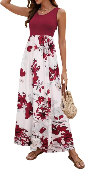 Sherosa Women Boho Chevron Striped Floral Printed Summer Sleeveless Tank Long Maxi Party Dress